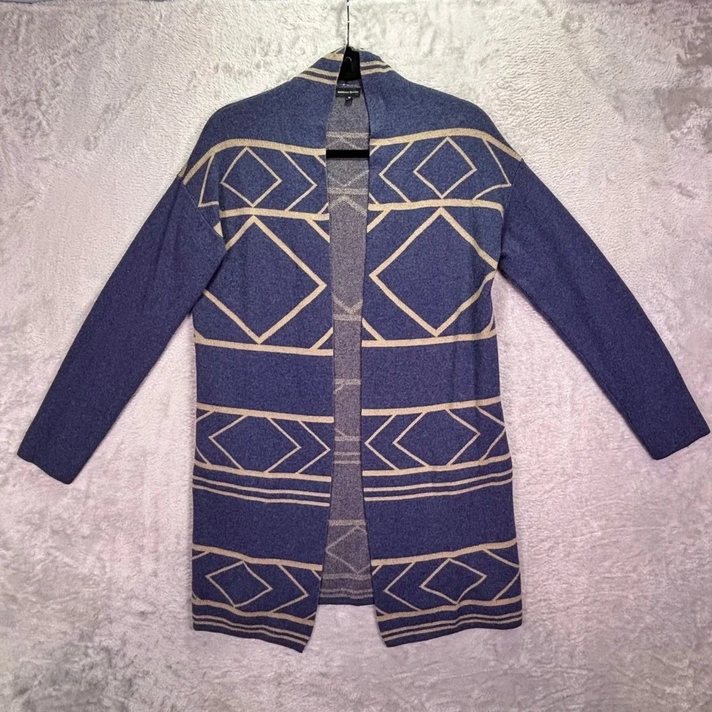 Rebecca Elliot Womens Cardigan Sz M Blue Tan Geometric Open Front Pockets AMD102